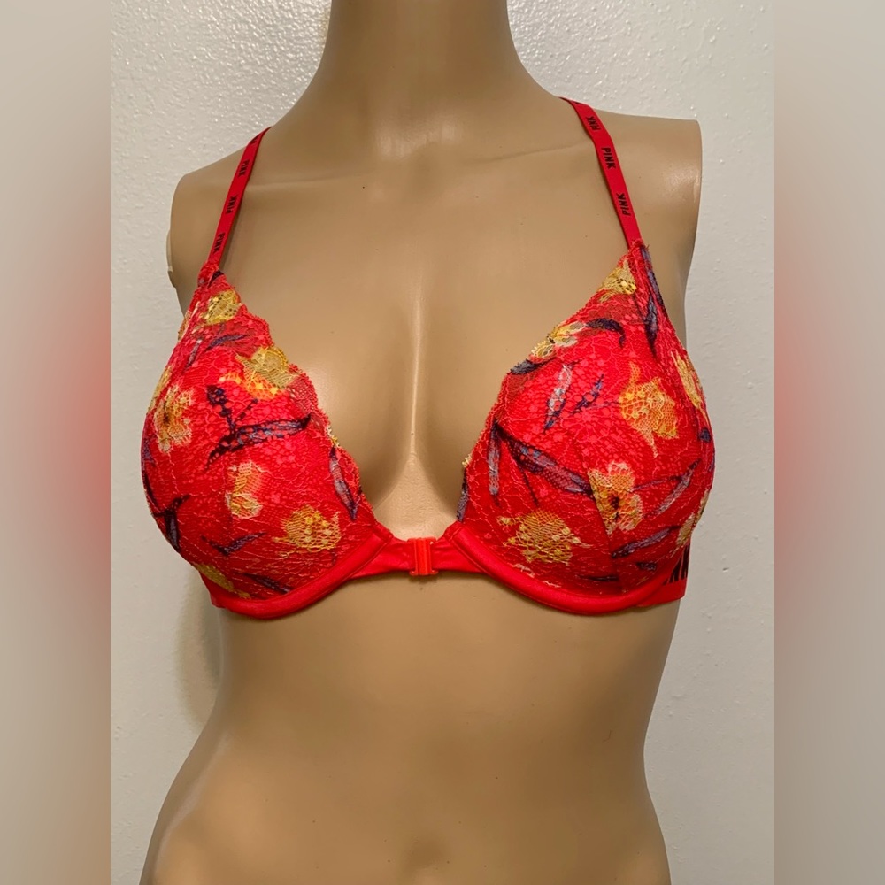 PINK Victoria’s Secret Bright Red Lace Floral Date Push Up Racerback 34C